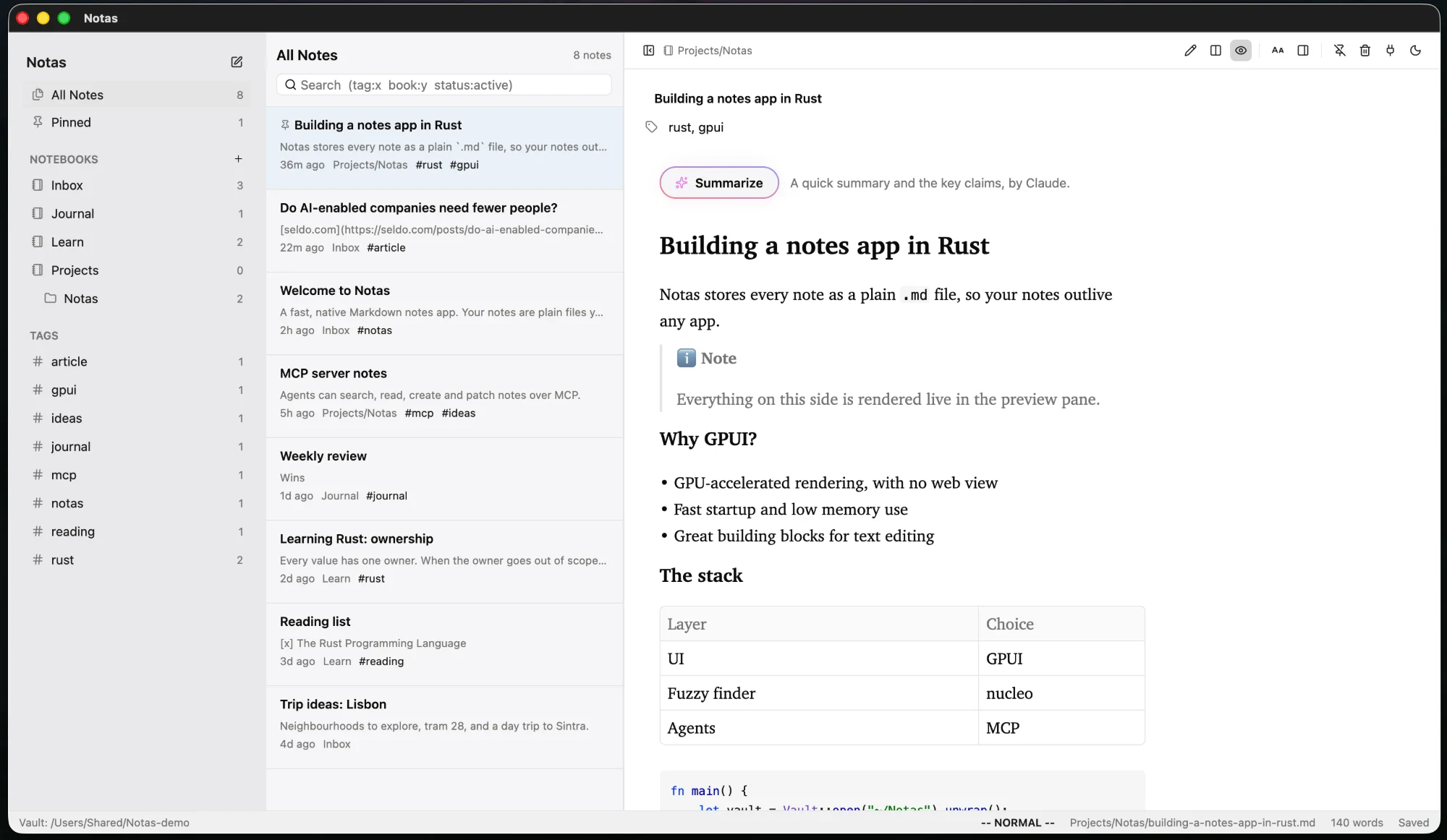 Notas in light mode: notebooks and tags in the sidebar, a note list, and a note open in the reading view with a Summarize button, a callout, a table and syntax-highlighted code