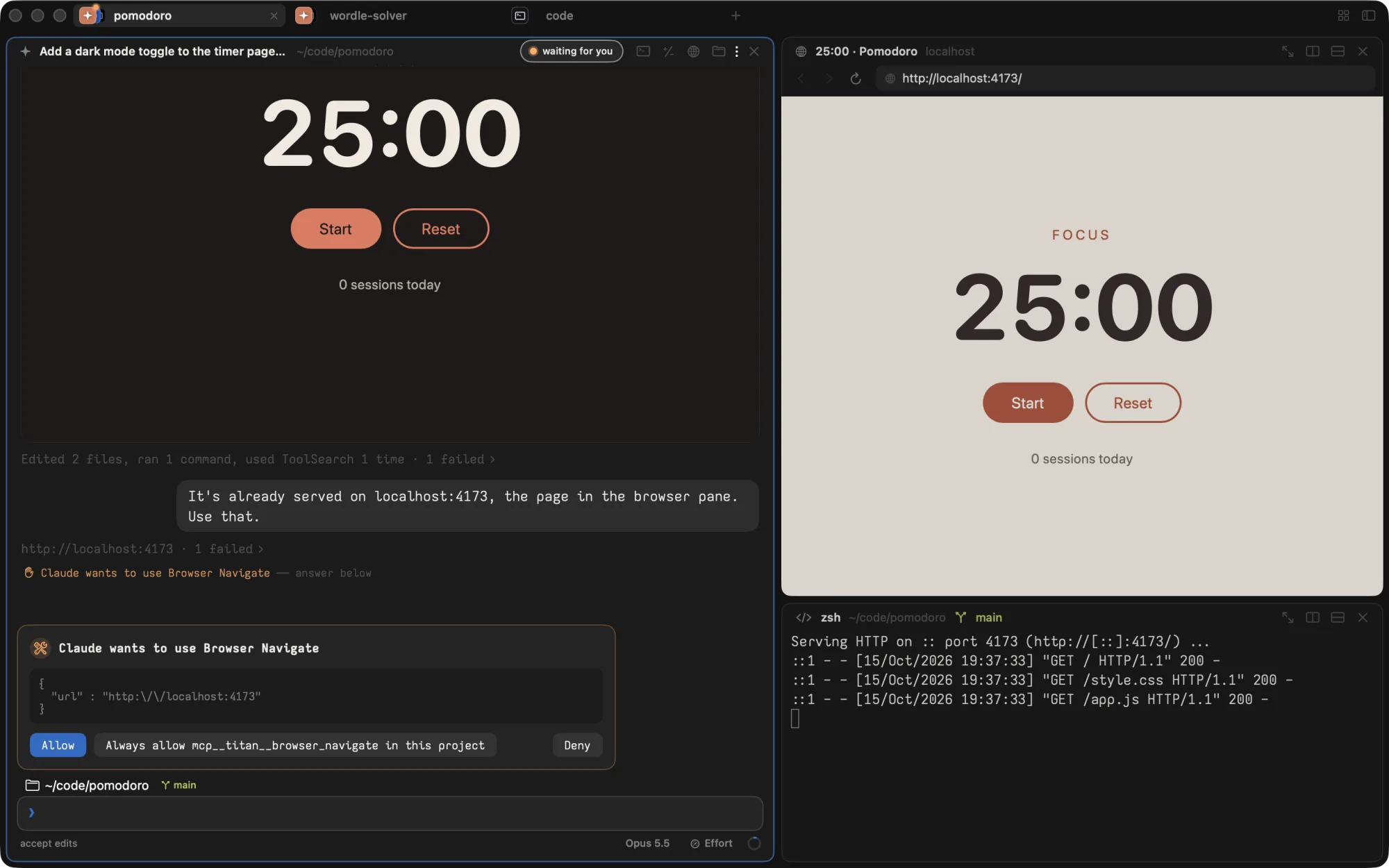 A Claude session in Titan: a reply set as Markdown, tool steps folded into one line, and a permission card asking to run a command