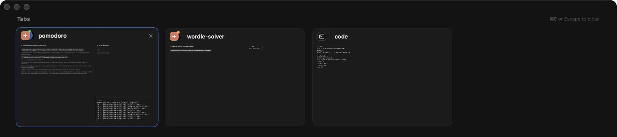 Titan's Show All Tabs view: every tab as a tile with its panes